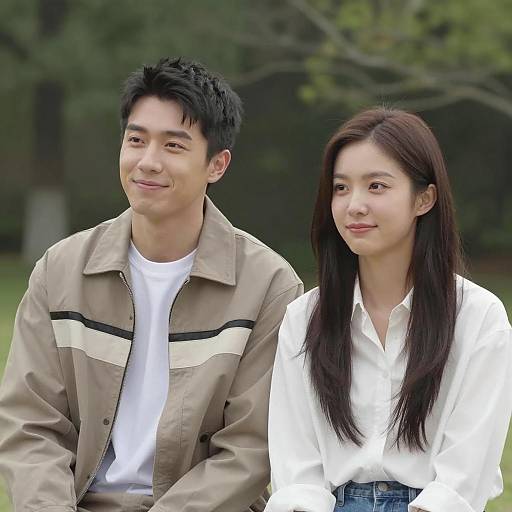 Young Asian Couple Sitting Outdoors