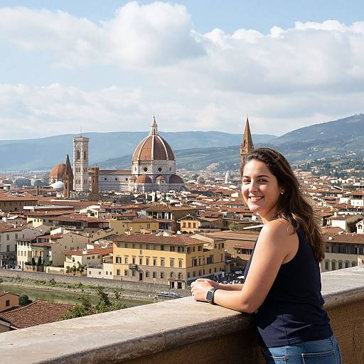 Photograph of a smiling woman with long brown hair in a black tank top, leaning on a stone balcony, overlooking Florence's historic skyline with the Du