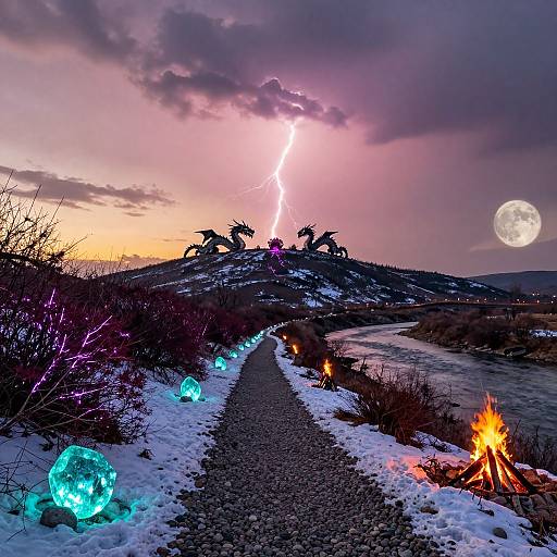 Photograph of a snowy path leading to a hill with dragon statues, illuminated by neon orbs, lightning bolt, and full moon.