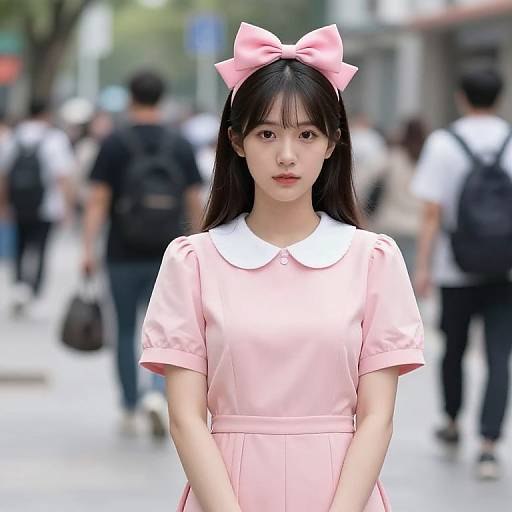 Woman in Pink Dress on Sidewalk
