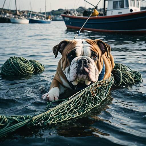 English Bulldog Retrieving Fishing Nets in Harbor