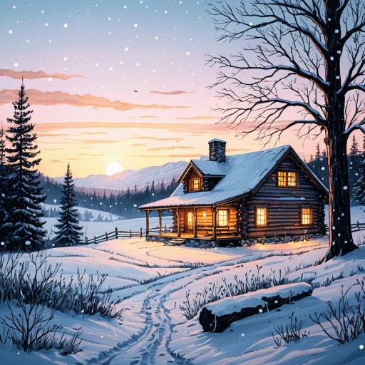 Cozy Snowy Log Cabin at Sunrise