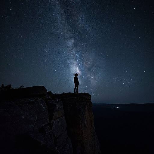 Silhouetted person stands on rocky cliff, gazing at a star-filled Milky Way night sky, creating a serene, cosmic landscape.