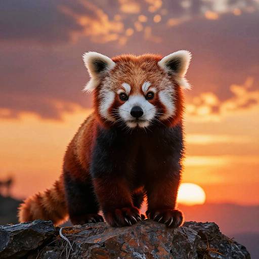Photograph of a cute red panda with fluffy fur, standing on a rock at sunset, against a vibrant orange and purple sky.