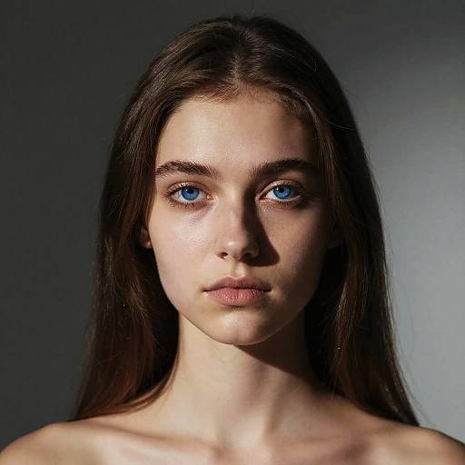 Photograph of a young woman with long dark brown hair, blue eyes, fair skin, and a neutral expression, against a dark gradient background.