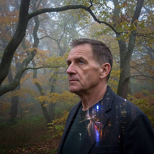 Photograph of middle-aged white man with short brown hair, wearing black coat, standing in misty forest with autumn leaves, reflective glass effect on his