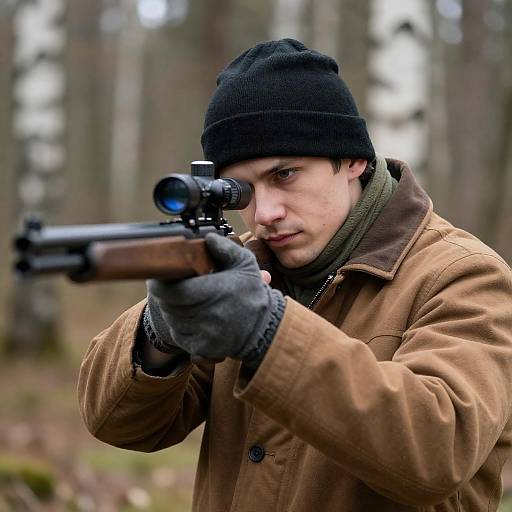 Man Aiming Rifle in Forest