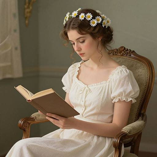 Young woman with daisy crown reads book in white dress, sitting on ornate chair in softly lit room. Photorealistic image.