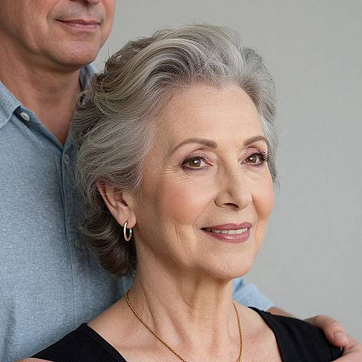 Photograph of an elderly woman with gray hair, smiling, wearing a black top and gold earrings, standing behind a man in a light blue shirt.