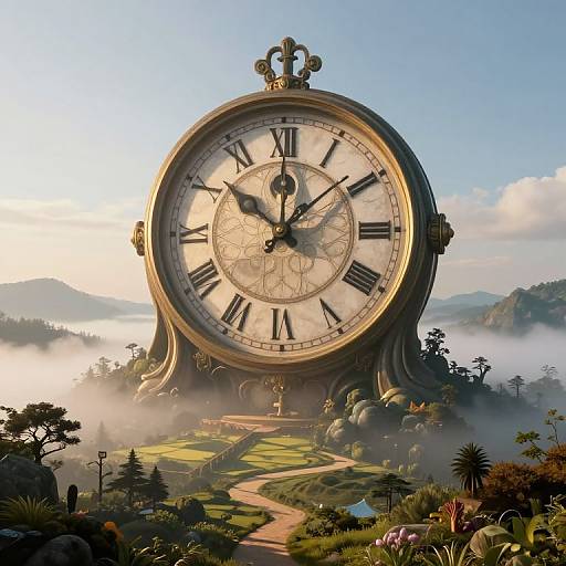 Photorealistic CGI of a giant, ornate clock with Roman numerals, set in a misty, lush garden with winding path and mountains in