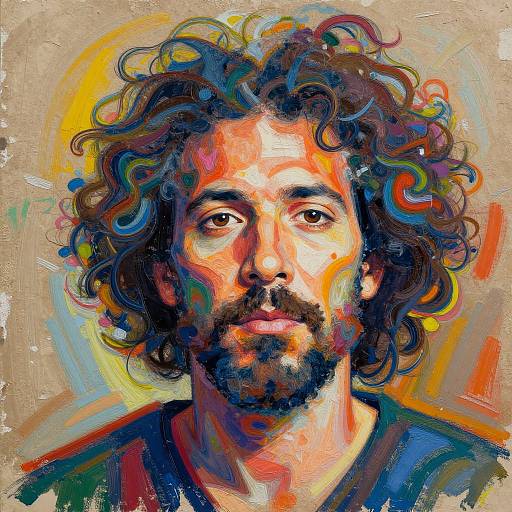 Vibrant, expressionist painting of a curly-haired, bearded man with warm, colorful brushstrokes and a neutral background, creating a dynamic