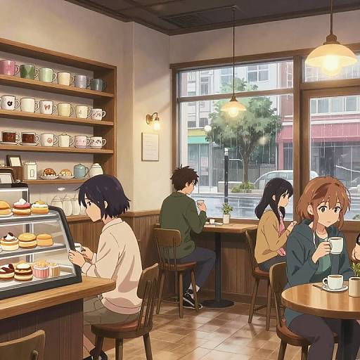 Anime-style digital drawing of four people in a cozy café, sitting at wooden tables, sipping coffee, with shelves of pastries and cups in the