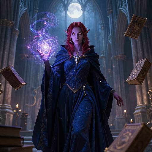 Digital illustration of a red-haired, elven sorceress in a dark blue, ornate robe, casting a glowing purple spell in a candlelit
