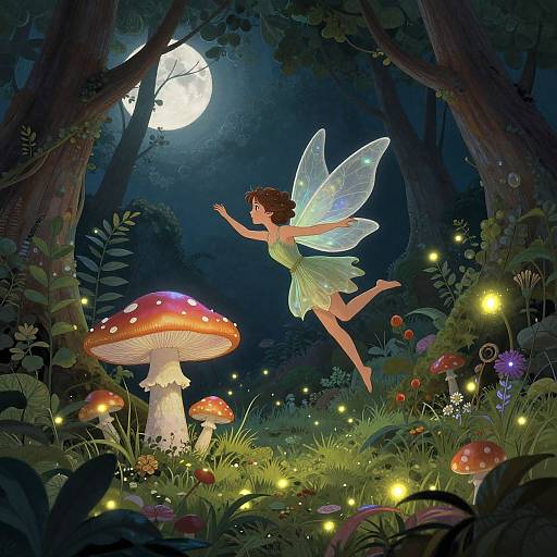 Fantasy illustration of a fairy with translucent wings, green dress, and brown hair, flying near glowing mushrooms under a full moon in a magical forest illuminated