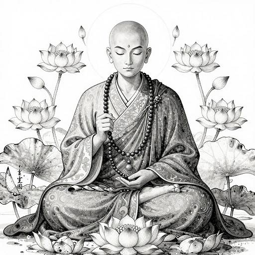 Black-and-white digital illustration of a serene, bald Buddhist monk in traditional robes, meditating amidst lotus flowers, holding a rosary.