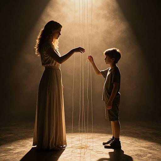 Photograph of a woman and young boy silhouetted against a bright, backlit stage, exchanging thin, vertical strings of light.