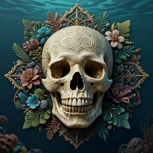 Digital artwork: Detailed, ornate skull with swirling patterns, surrounded by colorful flowers and leaves, floating underwater with a blue gradient background.