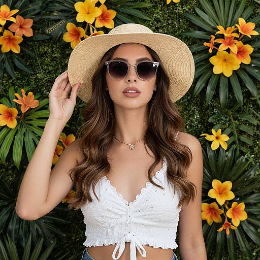 Photograph of a young woman with long brown hair, wearing a white lace crop top, straw hat, and sunglasses, standing against a vibrant background of