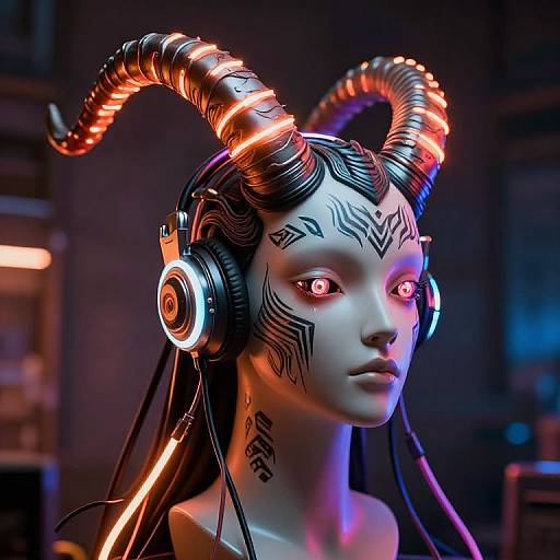 Digital art of a futuristic, white-skinned woman with glowing pink eyes, neon orange and blue glowing horns, black tribal tattoos, and cybernetic
