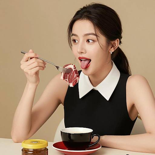 Asian woman eating raw steak