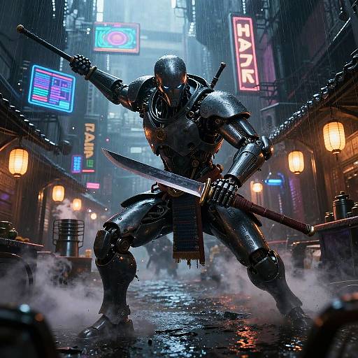 Rogue Android Samurai in Neon Alley