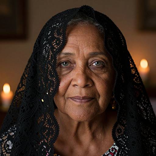 Photograph of an elderly Indian woman with dark skin, wearing a black lace veil, smiling softly. Warm, blurred candles in the background.