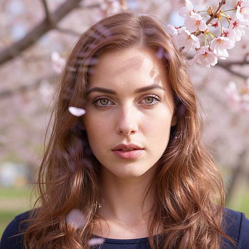 Photograph of a young woman with long, wavy brown hair, green eyes, and fair skin, standing in front of blooming cherry blossoms