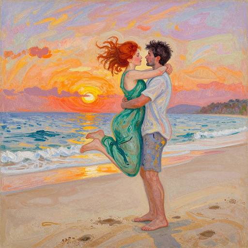 Impressionist-style painting of a barefoot couple embracing on a beach at sunset, with the woman in a green dress and the man in a white