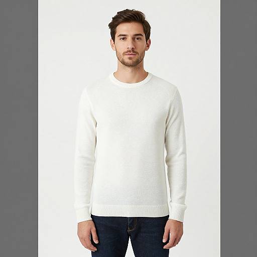 Photograph of a young Caucasian man with short brown hair and beard, wearing a plain white sweater and dark blue jeans, standing against a plain white background