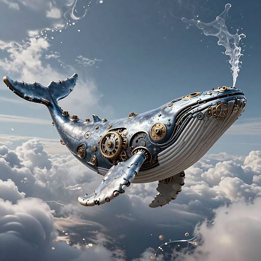 Steampunk whale with gears and cogs flying through a bright, cloudy sky, water splashing from its mouth. Digital art.