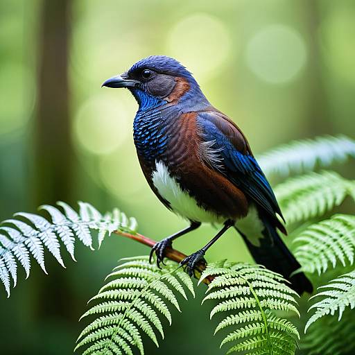 Realistic bird perched on vibrant green fern