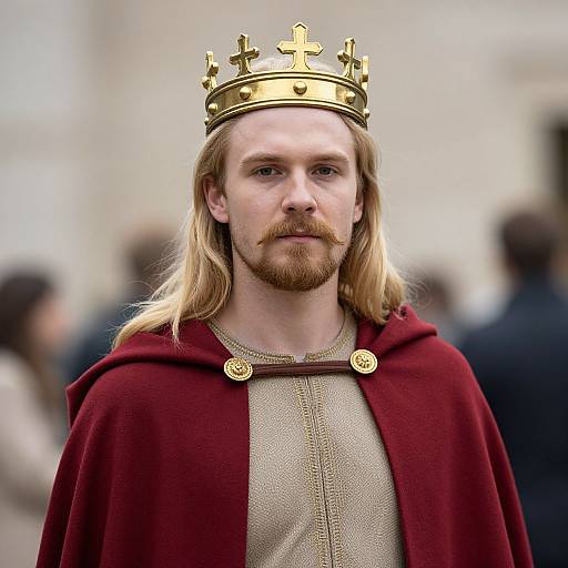 Photograph of a bearded man with long blonde hair, wearing a gold crown, red cloak, and beige tunic, standing outdoors among blurred people