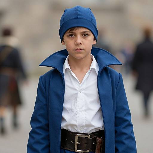 Photograph of a young boy with olive skin, dark hair, wearing a blue cap, white shirt, blue coat, and black belt, standing in