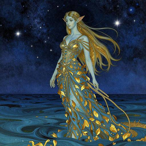 Fantastical digital painting of a tall, elf-like woman with long golden hair, wearing a glowing, butterfly-patterned, blue dress, standing in