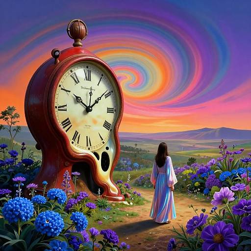Digital artwork of a giant, red, ornate clock with swirling, rainbow sky, and a woman in a flowing white dress, walking through vibrant purple