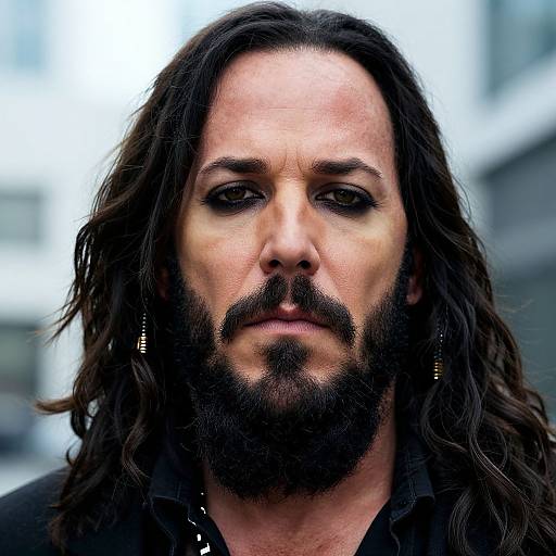 Photograph of a serious, bearded man with long, wavy black hair, wearing a black shirt, set against a blurred urban background.