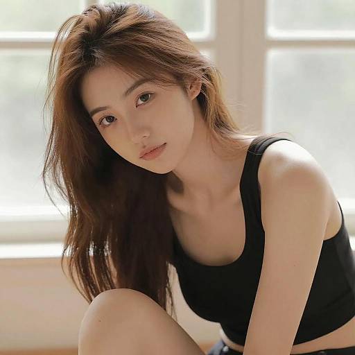 Photograph of a young Asian woman with long brown hair, wearing a black tank top, sitting indoors by bright windows.