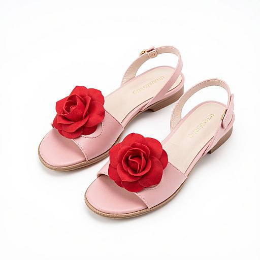 Photograph of pink open-toe sandals with red fabric roses on the front, positioned diagonally on a white background.