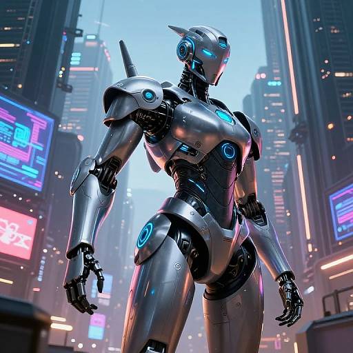 CGI image of a futuristic, silver and blue female humanoid robot standing in a neon-lit, cyberpunk city street with towering skyscrapers and
