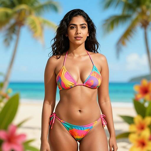 Photograph of a confident, dark-haired woman in a colorful, tie-dye bikini standing on a sunny, tropical beach with palm trees and ocean in