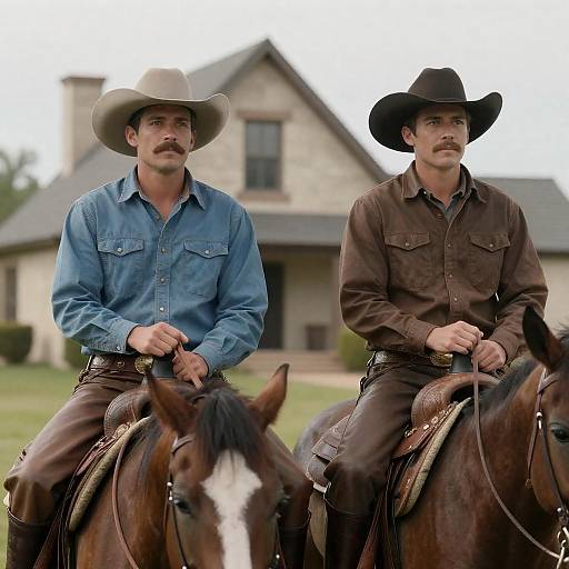Two Cowboys on Horses in Front of Stone House