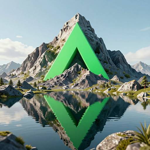 Digital artwork of a green, triangular structure integrated into a rugged mountain, reflected in a calm, mirrored lake under a clear blue sky.
