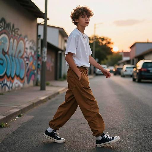 Boy Walking on Urban Street at Sunset