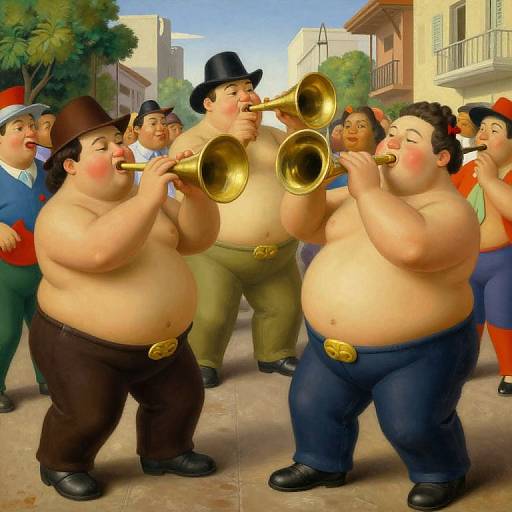 Cartoon-style painting of overweight, shirtless men playing brass instruments in a street parade, wearing hats, pants, and belts, with colorful buildings in