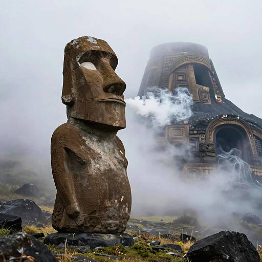 Surreal Moai in Foggy Volcanic Landscape