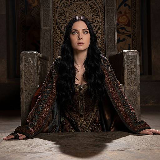 Photograph of a pale-skinned woman with long black hair, wearing a dark, intricately patterned medieval dress, sitting on a carved stone throne