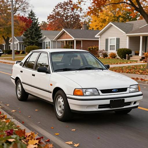 Photograph of a white Ford sedan driving on a suburban street during autumn, with colorful leaves and houses in the background.