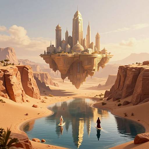 Digital art of a futuristic floating city over a desert oasis, with two figures paddling canoes in a reflective, blue river.