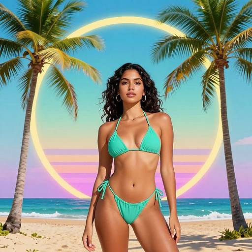 Photograph of a curvy, tan-skinned woman with curly black hair in a green bikini, standing on a sunny beach with palm trees and a