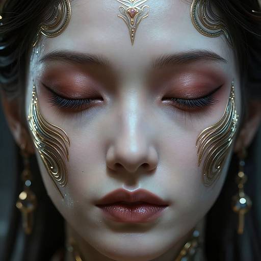 Digital artwork of a serene, fair-skinned woman with closed eyes, red eyeshadow, gold ornate headpiece, and intricate facial designs,